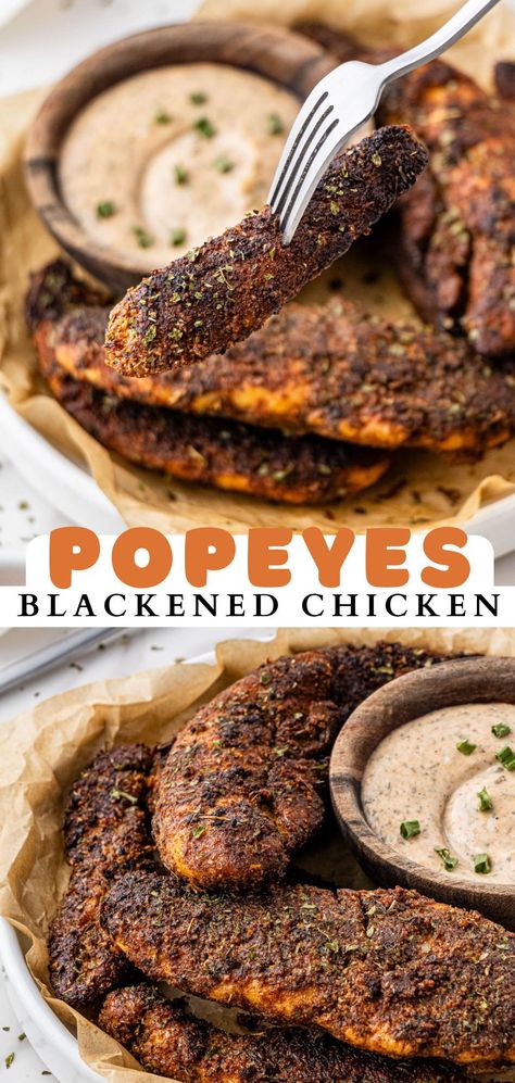 Popeyes Blackened Chicken Tenders are full of flavor and great for adding protein to any recipe. This simple ingredient recipe is made in under 30 minutes, making it perfect for a busy night or meal prep for the week. Blackened Chicken Tenders Air Fryer, Popeyes Blackened Ranch Recipe, Popeyes Blackened Tenders Recipe, Popeyes Blackened Chicken, Blackened Recipes, Air Fryer Blackened Chicken, Blackened Tenders, Blackened Chicken Seasoning, Blackened Chicken Tenders