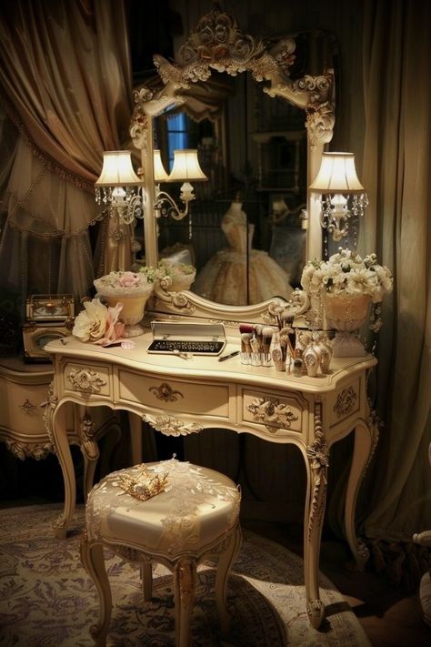 Vintage Makeup Room, Vintage Vanity Ideas Bedroom, Bedroom Vanity Ideas Makeup Desk, Descendants Bedroom, Bedroom Vanity Ideas, Vintage Makeup Vanity, Princess Vanity, Vintage Vanities, Vanity Table Vintage