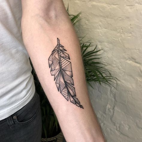 Geometric Feather Tattoo | Tattoo Ideas and Inspiration Geometric Feather Tattoo, Geometric Feather, Tattoo Feather, Dragon Tattoo Back Piece, Knuckle Tattoos, Tattoos Sleeve, Dragon Sleeve Tattoos, Japanese Dragon Tattoos, Geometric Tattoo Design