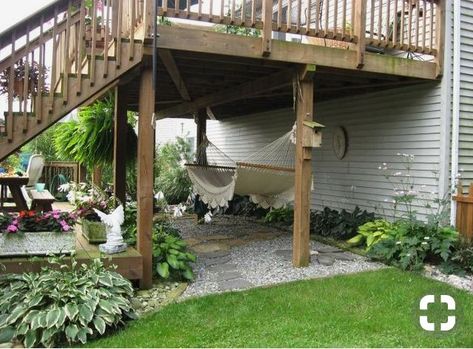 Under Deck Landscaping, Patio Under Decks, Hammock Ideas, Diy Patio Ideas, Deck Landscaping, Under Deck, Outdoors Ideas, Backyard Hammock, Under Decks