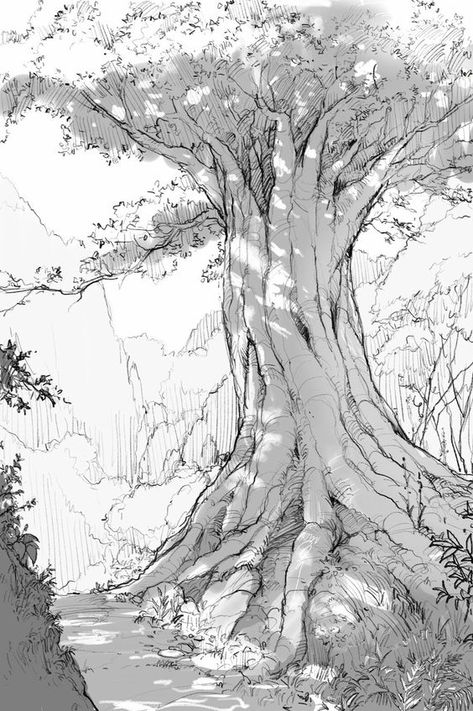 Drawing Pencil Sketches, Konst Designs, Gambar Lanskap, Tree Drawings Pencil, Nature Sketch, Tree Sketches, صفحات التلوين, Landscape Sketch, 흑백 그림