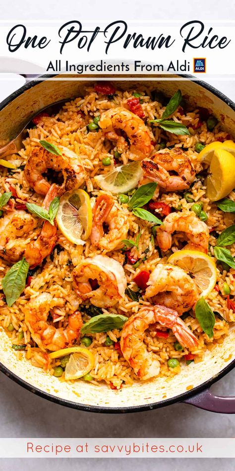 Easy one-pot Spanish style prawns/ shrimp and rice is the perfect 30-minute dinner. It's healthy, easy and very budget-friendly. Garlic and Tomato Shrimp with Lemon and basil Rice Recipe - #shrimp #rice #Aldirecipes #Budget #recipe - Super nourishing and easy to whip up, this shrimp recipe with rice is a winner! - #recipe by #savvybites Seafood Rice Dishes, Prawns Healthy Recipes, Shrimp Rice Vegetables, Prawns Dinner Recipes, Prawn And Vegetable Recipes, Rice With Seafood Recipes, Rice Recipes With Shrimp, One Pan Shrimp And Rice, Easy Recipes Shrimp