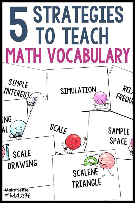 Five tried and true strategies to teach math vocabulary to your middle school math classroom. Includes ideas for math vocabulary activities that reach all your math students, as well as math vocabulary games that will keep your middle school math students engaged in learning math vocabulary. Read more on the blog. #makesenseofmath Teaching Math Vocabulary, Math Vocabulary Activities, How To Teach Math, Math Intervention Activities, Middle School Math Worksheets, High School Math Activities, Maths Activities Middle School, Middle School Math Teacher, Middle School Math Classroom