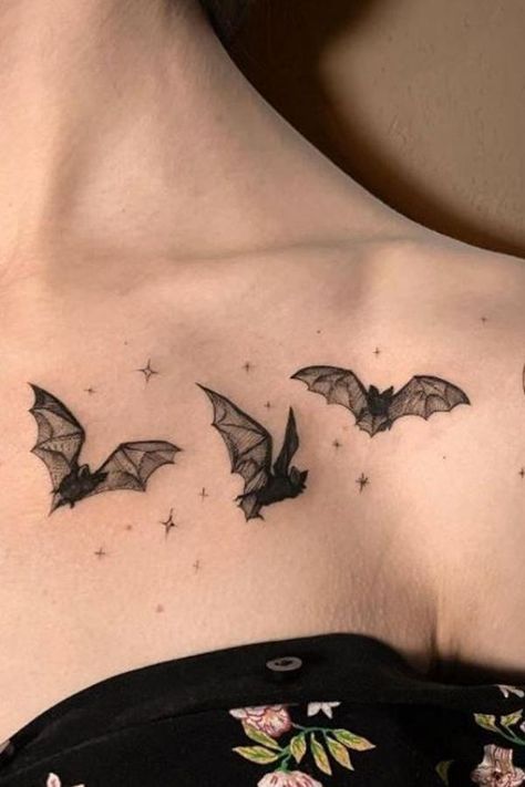 50 Cute Clavicle Tattoos for Women | Art and Design Cute Halloween Tattoos, Clavicle Tattoo, Vampire Tattoo, Emo Tattoos, Goth Tattoo, Bat Tattoo, Bone Tattoos, Wicked Tattoos, Theme Tattoo