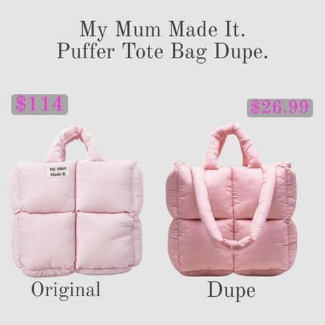 My Mum Made It Bag Outfit, Pink Puffy Bag, My Mum Made It Puffer Bag, My Mom Made It Bag, My Mom Made It Puffer Bag, Puffer Bag Aesthetic, My Mum Made It Bag, Puffy Tote Bags, Pink Bag Outfit