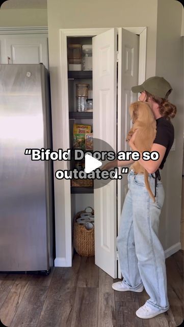 How To Install Bifold Doors, Bifold Pantry Doors Kitchens, Update Outside Of House, Replace Bifold Pantry Doors, Kitchen Pantry Bifold Doors, Pantry Bifold Door Makeover, Pantry Door Remodel, Colored Pantry Door, Pantry Door Upgrade