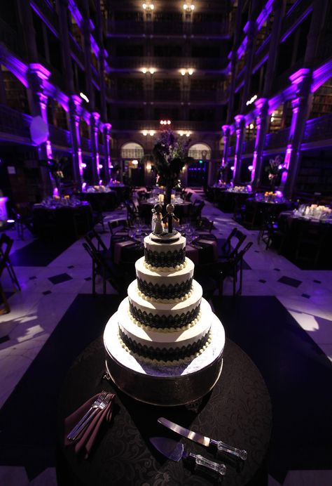 Black Quinceanera Theme, Purple Quinceanera Theme, Purple Black Wedding, Couple Wedding Photography, Purple Wedding Reception, George Peabody Library, Peabody Library, Purple Reception, Purple Wedding Centerpieces