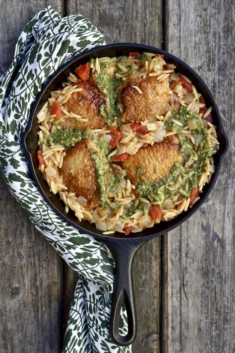 Skillet Chicken With Orzo And Pesto | Simmer + Sauce Chicken With Orzo, Pesto Dishes, Basil Pesto Chicken, Orzo Soup, Chicken Orzo Soup, Canning Diced Tomatoes, One Pot Dinners, Organic Chicken, Skillet Chicken