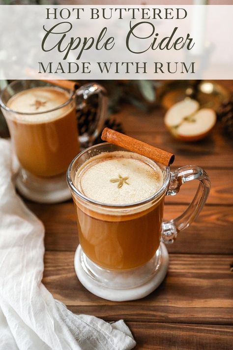 Alcoholic Drinks With Apple Cider, Buttered Rum Drink, Buttered Apple Cider, Hot Cider Recipe, Cider Alcohol Drinks, Apple Cider Alcohol, Hot Butter Rum, Summer Drink Recipes Nonalcoholic, Hot Buttered Rum Recipe