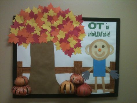 This is awesome!!!!! Occupational therapy fall bulletin board. Repined by tools to grow K5 Activities, Room Bulletin Board Ideas, Occupational Therapy Room, Room Bulletin Board, Door Classroom, Elementary Bulletin Boards, Fall Bulletin Board, Mat Man, Occupational Therapy Kids