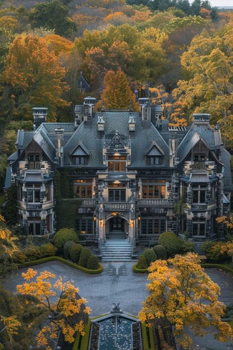 Grand Victorian House, Large Manor Exterior, Manor House Aesthetic, Fall Mansion, Old Victorian Mansions, Vintage Mansion, Castle House Design, Big Mansions, Mansion Exterior