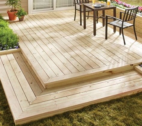 Wood Deck Steps, Backyard Deck Ideas On A Budget, Building Deck, Wood Deck Designs, Landscaping Around Deck, Ground Level Deck, Deck Steps, Deck Building, Patio Deck Designs