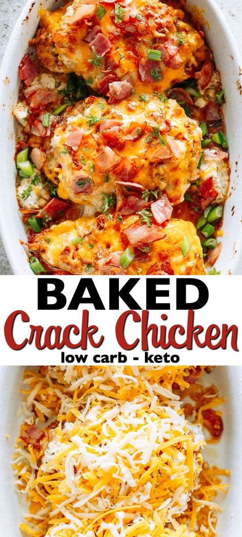 Baked Crack Chicken Breasts, also referred to as Ranch Chicken with Bacon, is a delicious and creamy dish loaded with cheese and bacon. Hard to believe that Crack Chicken is also Low Carb and Keto-Friendly! #crackchicken #ketorecipes #lowcarb #chickendinner Chicken With Bacon, Cena Keto, Dada Ayam, Ayam Bakar, Keto Pancakes, Resep Diet, Ranch Chicken, Carb Meals, Keto Recipes Dinner