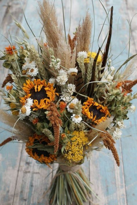 Burnt Orange Bridal Bouquet, Prairie Sunset, Dried Sunflowers, Orange Bridal Bouquet, Winter Bridal Bouquets, Bridal Bouquet Blue, Sunflower Arrangements, Sunflower Wedding Bouquet, Blue Wedding Bouquet