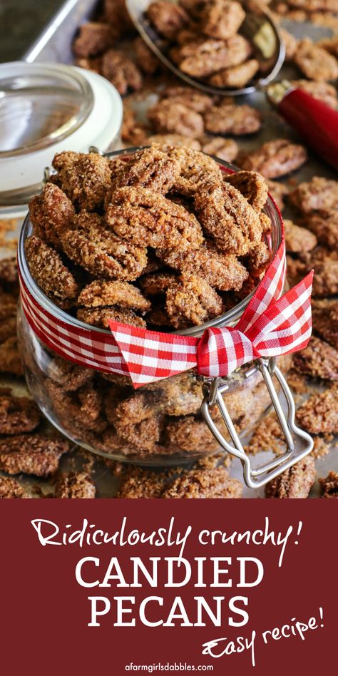 A ridiculously crunchy Easy Candied Pecans Recipe for a sweet and salty treat with just a hint of heat. The perfect snack, salad topper, or edible gift! #candiedpecans #candied #nuts #pecans Honey Glazed Walnuts, Easy Candied Pecans, Snack Salad, Candied Pecans Recipe, Summertime Salads, Salad Toppers, Salty Treats, Candy Recipes Homemade, Nut Recipes