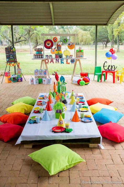 OneFineDayParties's Birthday / Little Monsters - Photo Gallery at Catch My Party Multiple Themed Birthday Party, 1st Birthday Outdoor Decorations, Outdoor 3rd Birthday Party, Backyard 3rd Birthday Party, 6 Yr Birthday Party Ideas, Large Backyard Party, Outside 1st Birthday Party Ideas, Kids Table Party Ideas, Outdoor 2nd Birthday Party Ideas