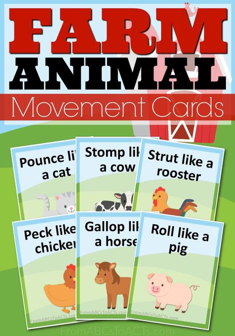 Get the kids up and moving while learning about farm animals with these printable farm animal movement cards! Farm Animal Language Activities Preschool, Farm Animal Language Activities, Barnyard Dance Activities, Farm Music And Movement Preschool, Farm Animal Movement Cards, Farm Animal Movement, Barnyard Dance, Farm Activities Preschool, Teacher Goals