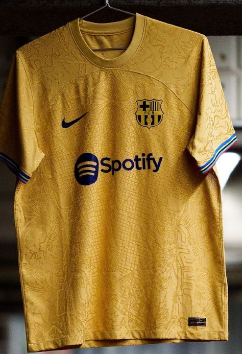 New Barca Away Shirt 2022-2023 | Nike Gold Kit with Barcelona city map design | Football Kit News Barcelona Football Kit, Barcelona Kit, Barcelona City Map, Barca Jersey, City Map Design, Olympic Ring, Camisa Barcelona, Barcelona T Shirt, Barcelona Shirt