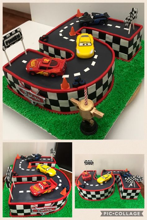 Jackson Storm Birthday Party, Jackson Storm Cake, 5th Birthday Ideas For Boys Cake, Birthday Cake Mcqueen, 5th Birthday Cake Boys, Cars 3 Cake, Lightning Mcqueen Birthday Party Ideas, Race Track Cake, Car Cakes For Boys