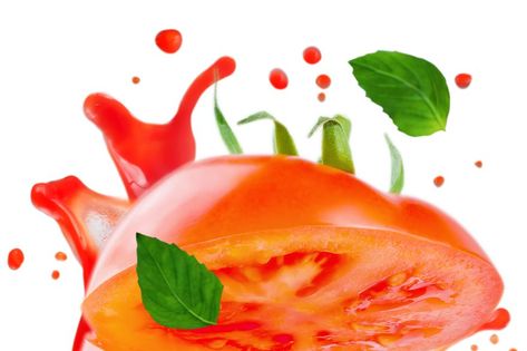 Flying Tomato with splashes of tomato juice and Basil isolated Tomato Juice, Flying Tomato, Basil, Juice, Stuffed Peppers, Quick Saves