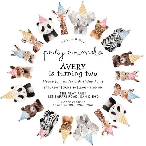 Safari Animals Birthday Invitation Wild One Party | Zazzle Animals With Party Hats, Party Animals Birthday, Animals Birthday Invitation, Animals Birthday Party, Animal Theme Birthday, Safari Animals Birthday, Animal Birthday Invitation, Favor Boxes Birthday, Zoo Party