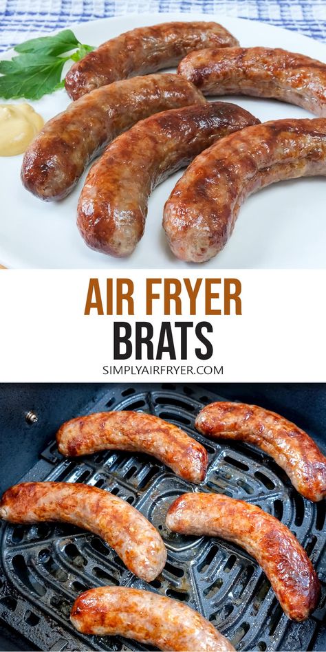 Want to make air fryer brats? Bratwurst in the air fryer are so easy to make and turn out super juicy - ready to be enjoyed plain or in a bun! Frozen Brats In Air Fryer, Air Fry Bratwurst, How To Cook Brats In Air Fryer, Best Way To Cook Brats, Bratwurst In Air Fryer, Brats Air Fryer, Brats In Air Fryer, Air Fryer Bratwurst, Brat Recipe