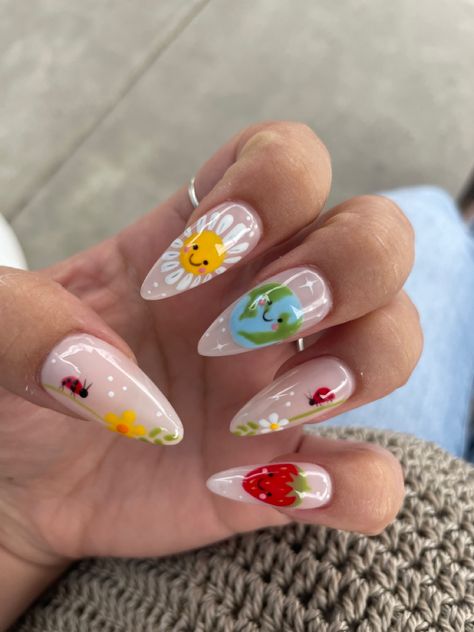 Unique Spring Nail Designs, Spring Vibe Nails, Super Cool Nail Designs, Spring Almond Shaped Nails 2024, Thanksgiving Almond Nails Designs, Spring Cottagecore Nails, Artsy Summer Nails, Artsy Almond Nails, Earth Day Nail Art