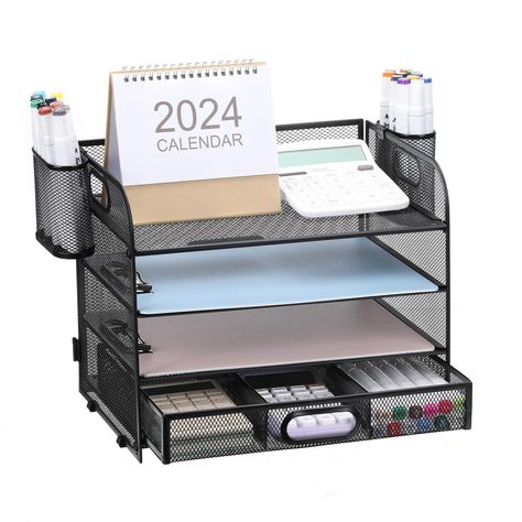 PRICES MAY VARY. ❥【Ample Storage】- Our desk file organizer contains 4 sliding trays +1 sliding drawer with 3 compartments + 2 hanging pen holder (can be hung on or use separately), providing ample storage space for storing all A4 Size Paper letters, office supplies and accessories. ❥【Space Saver】- Despite its generous storage capacity, this drawer organizer is still compact enough to fit on even the smallest desks, offering everything you need to keep your desk neat, help you stay organized and Desk File Organizer, Letter Sorter, Desk File, Accessories Organization, Paper Letters, Sliding Drawer, File Organizer, Letter Tray, File Organiser