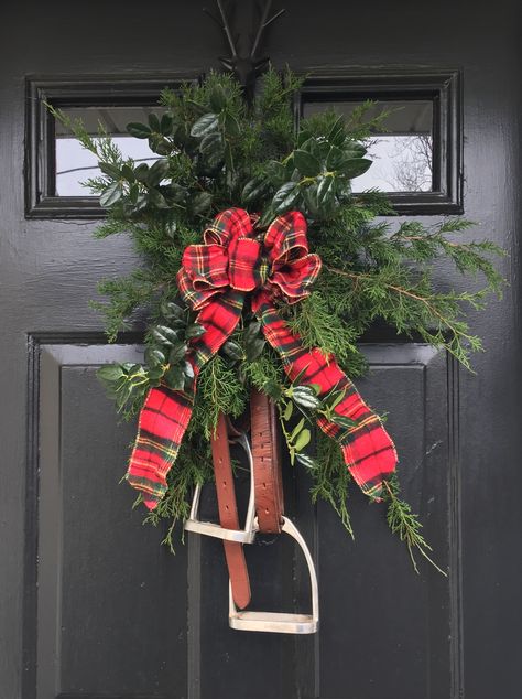 Found a use for old stirrups and leathers! Christmas Wreaths Diy Evergreen, Holiday Floral Arrangements, Pine Boughs, Winter Door Decorations, Southern Christmas, Holiday Door, Holiday Floral, Style Instagram, Christmas Past