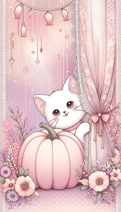 iPhone Halloween Wallpaper Pink Kitty Wallpaper, Iphone Halloween Wallpaper, 3d Wallpaper Cute, Pusheen Cute, Cute Lockscreens, Iphone Wallpaper Stills, Cute Pastel Wallpaper, Phone Art, Halloween Wallpaper Iphone