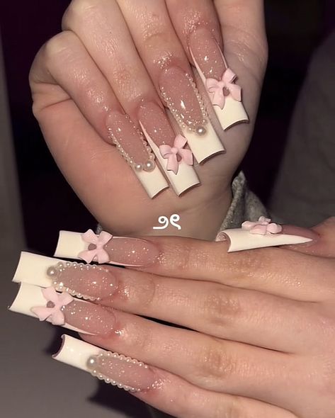 Coquette Nails Long Square, Cute Gel X Nail Designs, Mustard Nail Art, Nails For Chubby Fingers, Quince Nails Pink, Medium Long Nails, Weymouth England, White Nail Ideas, Bow Nail Designs