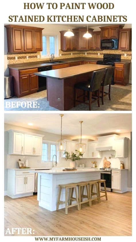 #kitchentips #kitchenmakeover #kitchenideas Wood Stained Kitchen Cabinets, Stained Kitchen Cabinets, Diy Kitchen Renovation, Diy Kitchen Remodel, Kitchen Remodel Before And After, Paint Wood, Island Kitchen, Diy Kitchen Cabinets, Kitchen Remodeling Projects