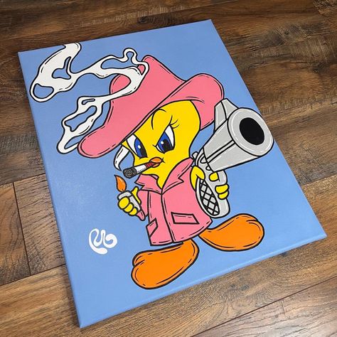 Looney Tunes Painting Canvas, Tweety Bird Canvas Painting, Goofy Painting Ideas, Trippy Posca Pen Art, Acrylic Painting Characters, Characters To Paint On Canvas, Funny Cartoon Paintings, Tom And Jerry Painting On Canvas, Painting Cartoon Ideas