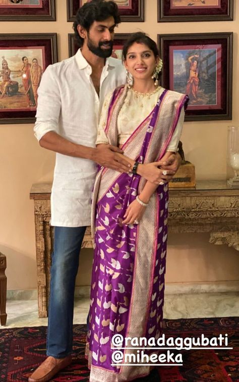 rana daggubati and miheeka bajaj dussehra celebrations 1 Miheeka Bajaj, Exclusive Saree Blouse Designs, Rana Daggubati, Bridal Sarees South Indian, Kids Blouse Designs, Purple Saree, Kids Blouse, Draping Fashion, Silk Saree Blouse Designs