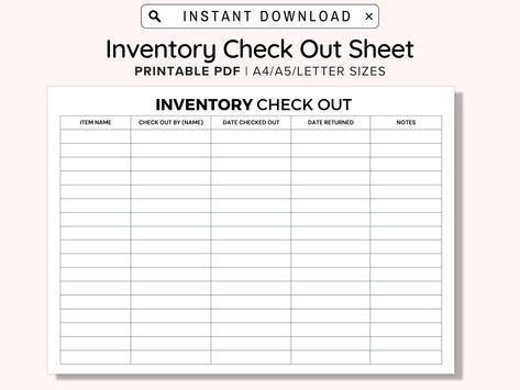 Inventory Sign Out Sheet Checkout Form, Print and Write PDF, Worksheets Designed To Track Assets Checked Out and Returned, Small Business Sign Out Sheet, Sign Out, Debt Management, Dog Grooming, Accounting, Small Business, Track, Digital Prints, Writing