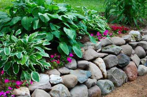 Rock Wall Landscape, Modern Stone Wall, Stone Garden Wall, Diy Stone Wall, Rock Wall Gardens, Building A Stone Wall, Xeriscape Front Yard, Rock Retaining Wall, Stone Walls Garden