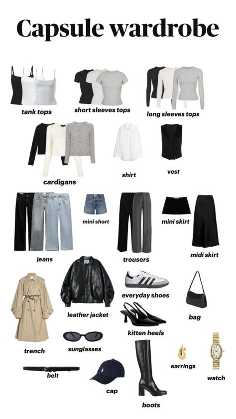 capsule wardrobe:tank tops,short sleeves tops,long sleeves top,cardigans,shirt,vest,jeans,mini short,trousers,mini skirt,midi skirt,trench,leather jacket,shoes,sneakers,kitten heels,boots,sunglasses,belt,cap,earrings,watch,bag Spring 2024 Fashion Trends Black Women, Fashion Capsule Wardrobe, Winter Capsule, Uni Outfits, Outfit Inspo Casual, Everyday Fashion Outfits, Wardrobe Outfits, Open Arms, Wellness Routine