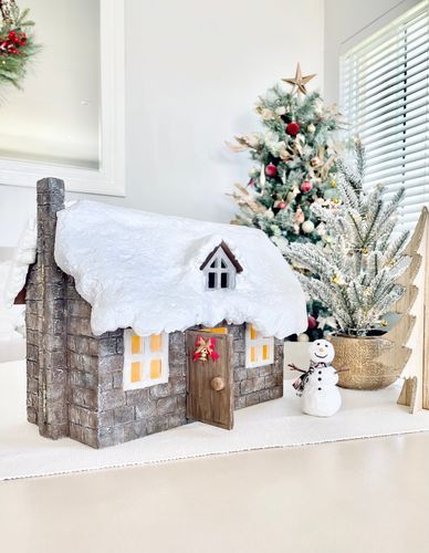 D.I.Y. Christmas cottage | Bunnings Workshop community Christmas Dollhouse, Expanding Foam, Glue Painting, Christmas Dining Room, Christmas Cottage, Christmas Village Display, Village Display, How To Make Snow, Miniature Christmas