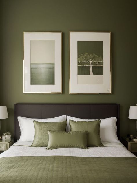 Create a chic and relaxing atmosphere in your bedroom with an olive green accent wall. Add a touch of sophistication by incorporating stylish paintings and prints that complement the color scheme. Olive Bedroom Color Scheme, Olive Green Accent Wall, Olive Green Accents, Olive Bedroom, Green Accent Wall, Green Accent Walls, Relaxing Atmosphere, Bedroom Color, Main Bedroom