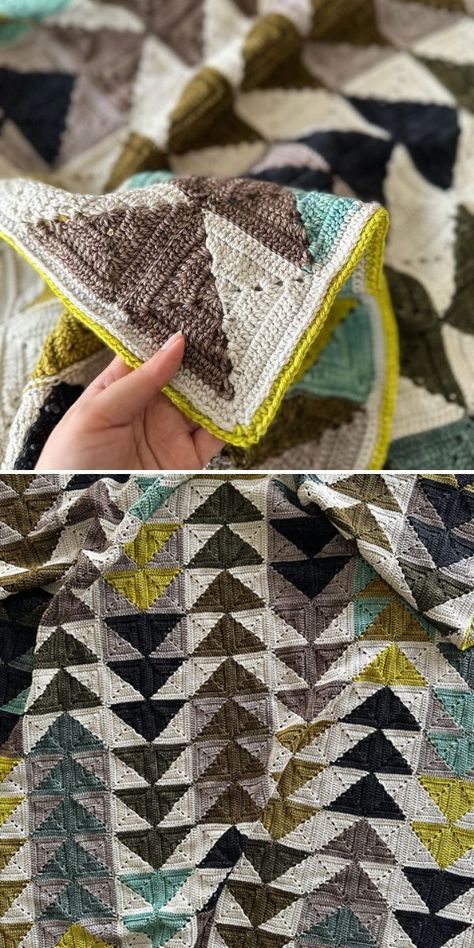 Flying Geese Blanket Free Crochet Pattern Crochet Blanket Triangle, Geometric Crochet Blanket Pattern, Crochet Triangle Blanket, Triangle Granny Square Pattern, Geometric Crochet Blanket, Crochet Patchwork Blanket, Color Block Crochet, Unique Crochet Blanket, Funky Crochet