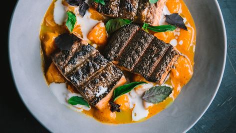 Grilled Salmon Recipe With Peach Curry and Coconut Cream Recipe | Epicurious Peach Curry, Coconut Cream Recipe, Recipes With Coconut Cream, Best Salmon Recipe, Grilled Halibut, Grilled Fish Recipes, Spicy Curry, Grilled Salmon Recipes, Peach Salsa