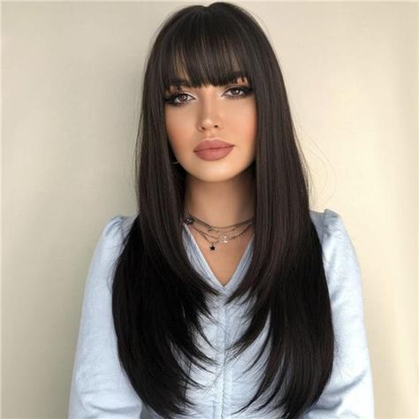 This Fashionable Female Wig Is Made Of 100% High-Quality Heat-Resistant Synthetic Fiber, 150% High Density, Highly Imitating Human Hair, No Reflection And No Shine, Support The Use Of Curling Irons To Straighten Or Curl Hair, But The Temperature Should Be Below 160. Suitable For Daily Wear. This Lady's Wig Looks Natural And Is Soft, Skin-Friendly, Comfortable And Breathable, Not Easy To Tangles, Not Easy To Fall Off, Which Can Perfect With Modern Clothing, Making You Full Of Charm And Becoming T Straight Wig With Bangs, Gabor Wigs, Clothing Making, Long Straight Wig, Curl Hair, Curling Irons, Wig With Bangs, Long Black Hair, Hair Density