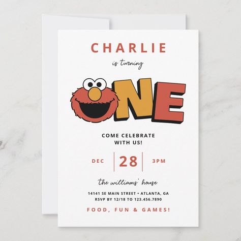 Sesame Street Elmo - First Birthday Invitation Zazzle Elmo Birthday Party Boy, Elmo Invitations, Elmo First Birthday, Sesame Street Birthday Invitations, Elmo Birthday Party, Sesame Street Elmo, Sesame Street Birthday Party, Elmo Party, Twin First Birthday