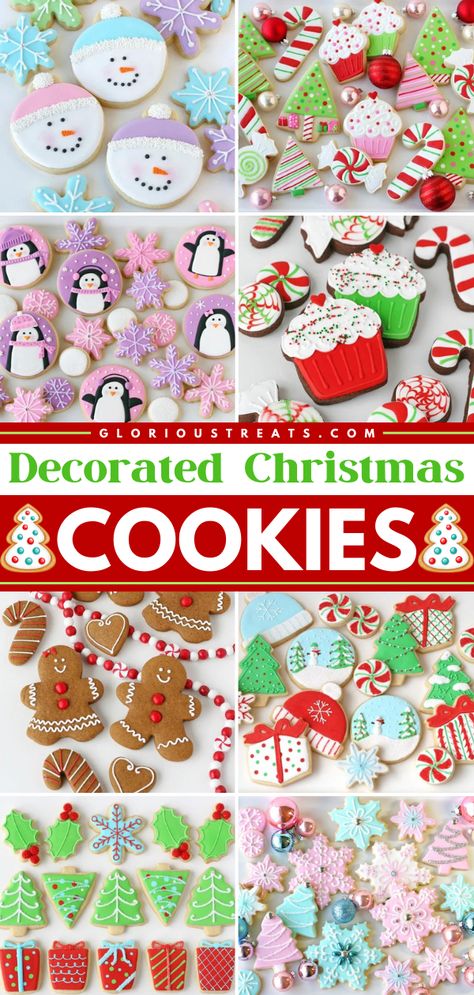 Make the best Christmas cookies with this list of Decorated Christmas Cookies perfect for the whole family! These homemade cookies start with a Perfect Sugar Cookie recipe and royal icing. Pin this easy holiday baking recipe! Cookie Decorating Icing Christmas, Cute Christmas Sugar Cookie Ideas, Decorated Cookies Recipes, Holiday Cookie Decorating Ideas, Simple Cookie Decorating Christmas, Christmas Iced Cookies Decorating Ideas, Christmas Theme Sugar Cookies, Decorating Christmas Cookies Tutorials, Professional Christmas Cookies