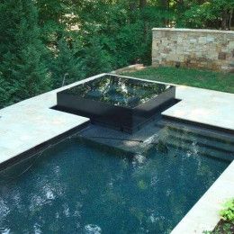 Pool With Elevated Spa, Backyard Pool And Pool House Ideas, Pools With Raised Spa, Dark Blue Pool Color, Raised Spa With Pool, Elevated Pool Design, Modern Pool Tile Ideas, Pool With Raised Spa, Anthony Sylvan Pools