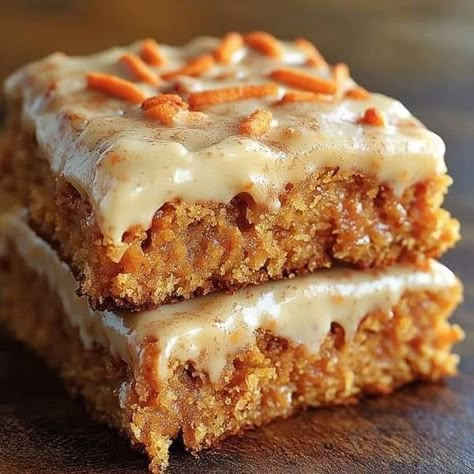 Easy Recipes Group | Carrot Bars with Maple Frosting 🥕🍰 | Facebook Maple Frosting Recipe, Carrot Bars, Creamed Corn Cornbread, Fruity Cookies, Carrot Cake Bars, Cinnamon Roll Muffins, Maple Frosting, Meringue Pie Recipes, Sweet Carrot