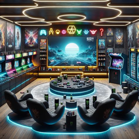 Immerse yourself in this ultimate man cave designed for gamers. Featuring a large TV, comfy gaming chairs, vintage arcade machine, and neon game logo lights. Snacks and drinks in a handy fridge finish the setting. #gameroom #mancave #gamersparadise #gamingsetup #arcadegames #videogameposters Game Arcade Aesthetic, Dino Playroom, Game Room Ideas For Adults, Game Room Ideas Family, Gaming Room Design, Gamer Room Design, Kids Play Centre, Neon Game, Game Room Ideas