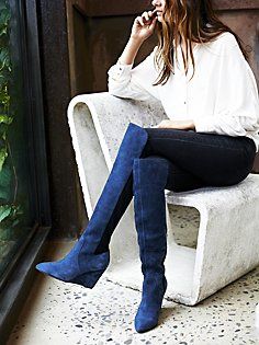 Navy Blue Boots, Blue Suede Boots, Navy Boots, Wedge Heel Boots, High Leather Boots, Blue Boots, Free People Clothing Boutique, Free People Shoes, Boots Women Fashion