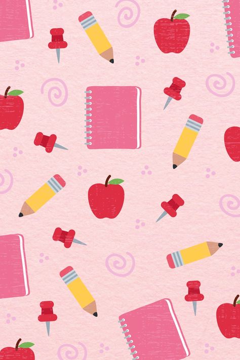 a pattern of notebooks, pencils, apples, push pins, and swirls on a pink background Back To School Wallpaper Backgrounds Aesthetic, School Theme Background Wallpaper, Iphone Wallpaper Teacher, Pencil Wallpaper Backgrounds, Preppy Teacher Wallpaper, Back To School Apple Watch Wallpaper, Cute School Wallpapers Aesthetic, Pencil Background Wallpaper, Pink Teacher Wallpaper