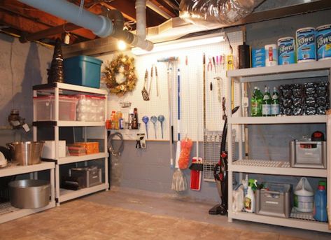 Unfinished Basement Ideas - 9 Affordable Tips - Bob Vila Exposed Joists, Unfinished Basement Storage, Trofast Ikea, Garage Boden, Basement Organization, Basement Laundry Room, Water Issues, Concrete Flooring, Basement Laundry